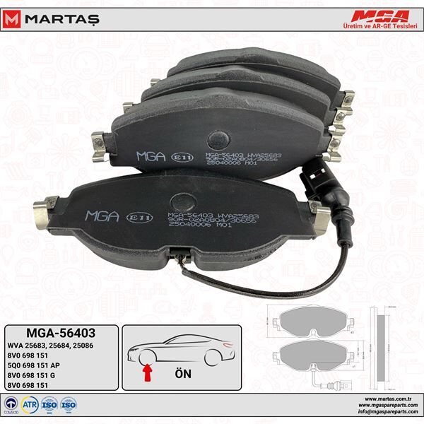 Ön Fren Balatası MGA 56403 Caddy / Golf / Audi A3 OEM 8V0698151