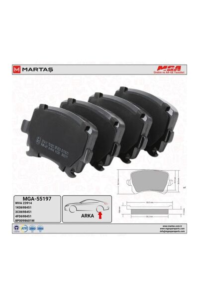 Arka Balata Kablosuz MGA 55197 Volkswagen Caddy 2004-2011 / Golf 2004-2014 / Audi A3 2004-2013 OEM 1K0698451P