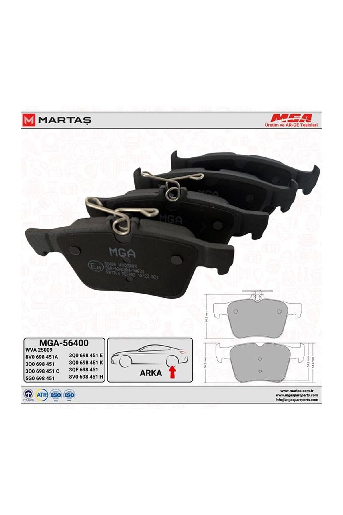 Arka Balata MGA 56400 Volkswagen Golf 2013+ / Passat 2014+ / Audi A3 2012+ OEM 8V0698451A