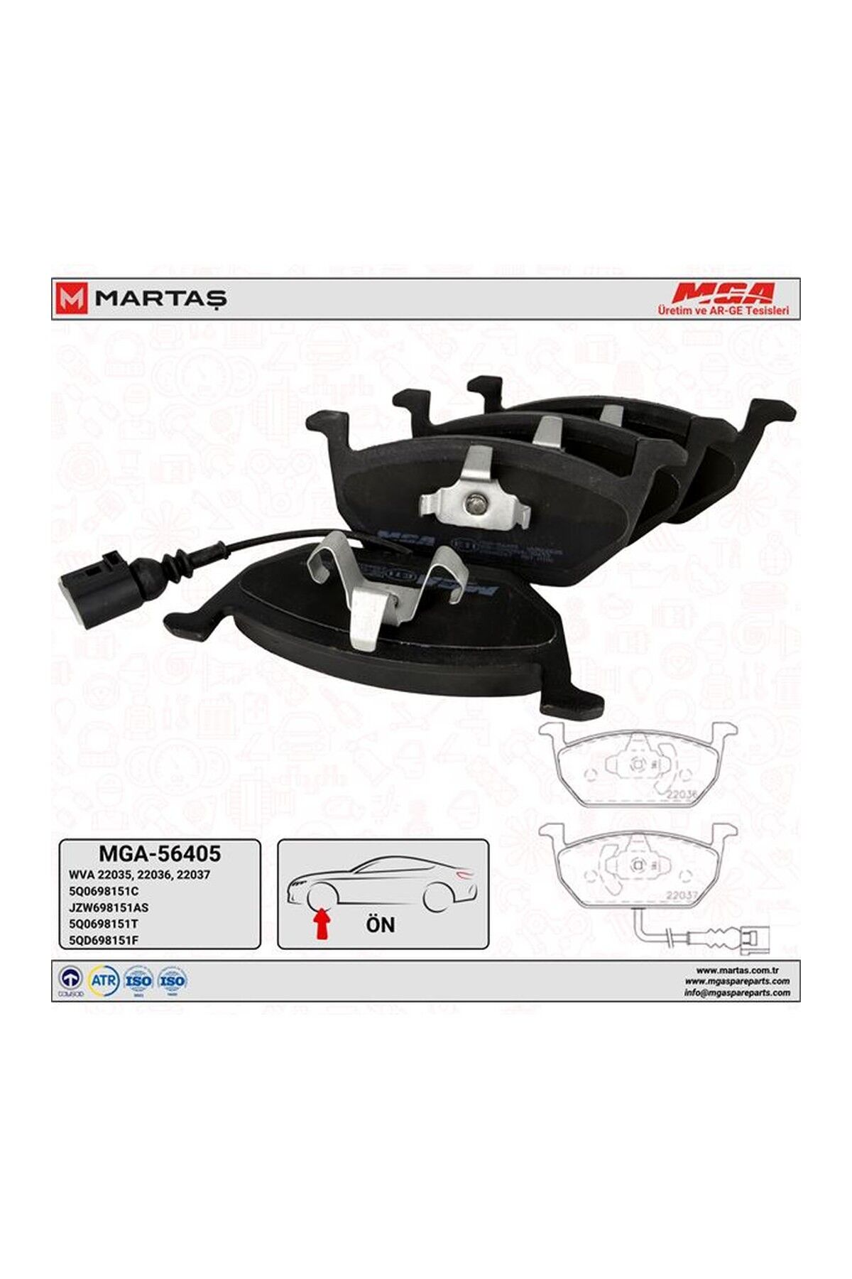 Ön Balata Kablolu MGA 56405 Volkswagen Golf 2013+ / Audi A3 2013-2016 / Seat Leon 2013+ OEM 5Q0698151C