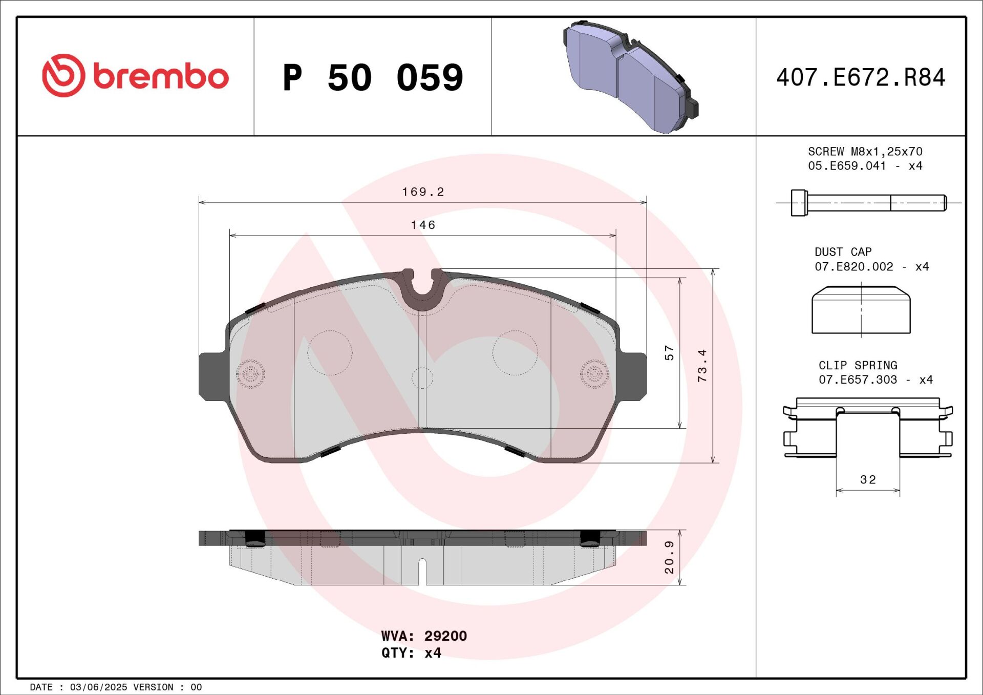 Fren Balatası Brembo P50059 Sprinter 2006+ Crafter 2006-2018 OEM 0044208220