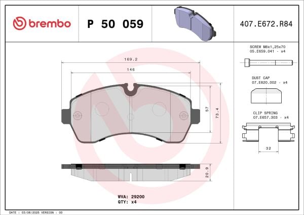 Ön Fren Balatası Çift Teker Brembo P50059 Sprinter 2006-2018 / 2018+ 651/654 Motor Crafter 2006-2018 OEM 0044208220