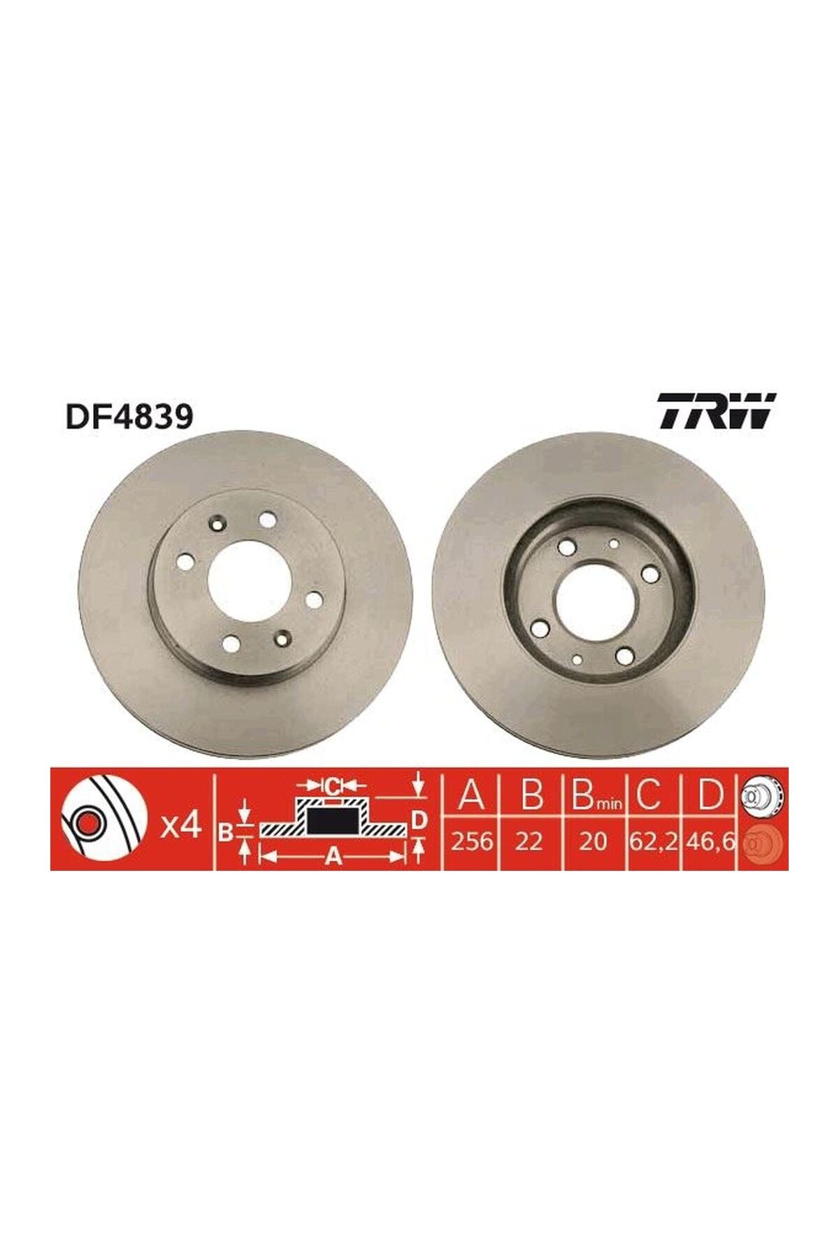 Ön Fren Diski 256x4 TRW DF98008S Hyundai Accent Era 2006-2011 / i20 2009-2012 / Kia Rio 2006-2011 OEM 51712-1G000