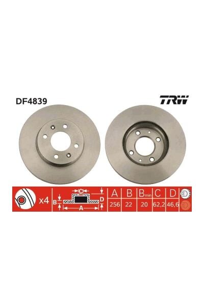 Ön Fren Diski 256x4 TRW DF98008S Hyundai Accent Era 2006-2011 / i20 2009-2012 / Kia Rio 2006-2011 OEM 51712-1G000